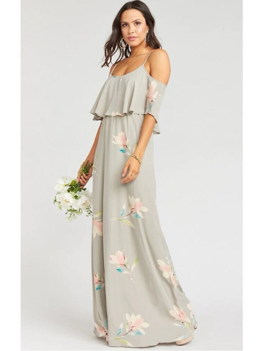Show Me Your Mumu Caitlin Gray Floral Ruffle Cold Shoulder Maxi Dress S NWT - Picture 2 of 9